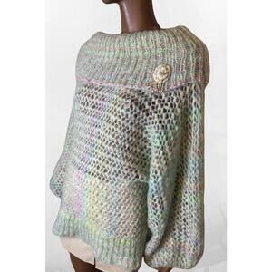 Mohair vintage handmade sweater pastel rainbow mermaid pearls off shoulder L